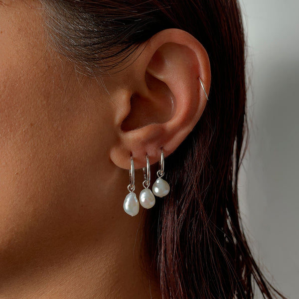 Pearl Drop Silver Hoops | Earrings