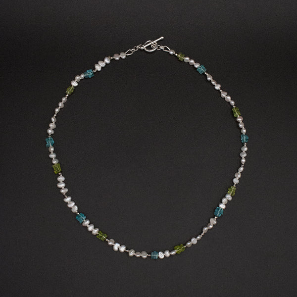 Pearl + Blue Apatite and Peridot Necklace