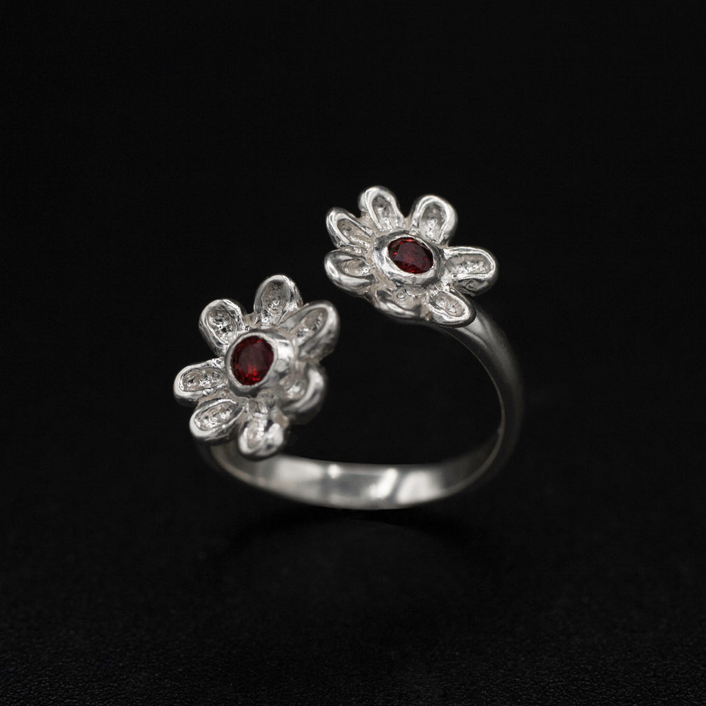 Red Spinel Flower Duet Ring